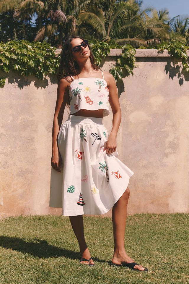 Flat White Tropical Embroidered Midi Skirt #3