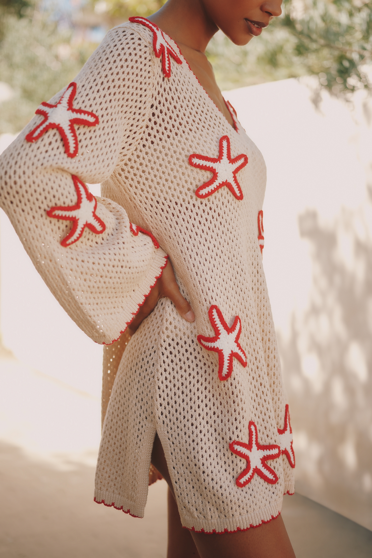 Flat White Starfish Stitched Mini Cover-Up Dress