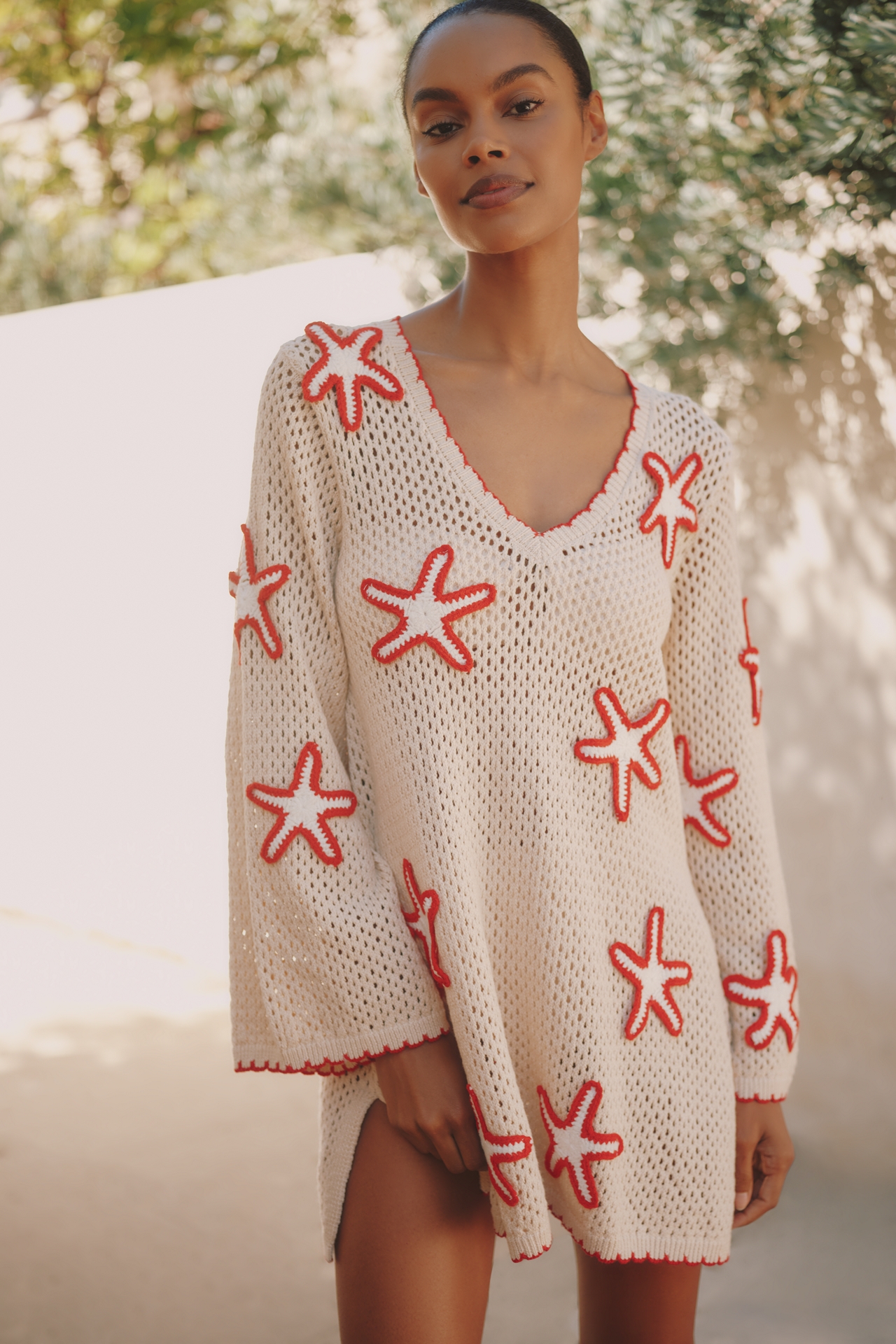 Flat White Starfish Stitched Mini Cover-Up Dress