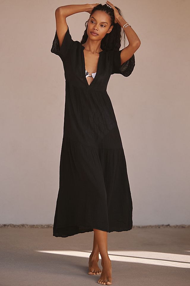 cotton dress with sleeves White Printed Maxi Three-Quarter Elasticated Discover our soft cotton A Oasis Low Square Neck Midi