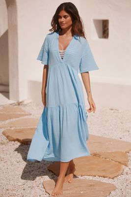 By Anthropologie Oversized Linen Button-Front Maxi Dress