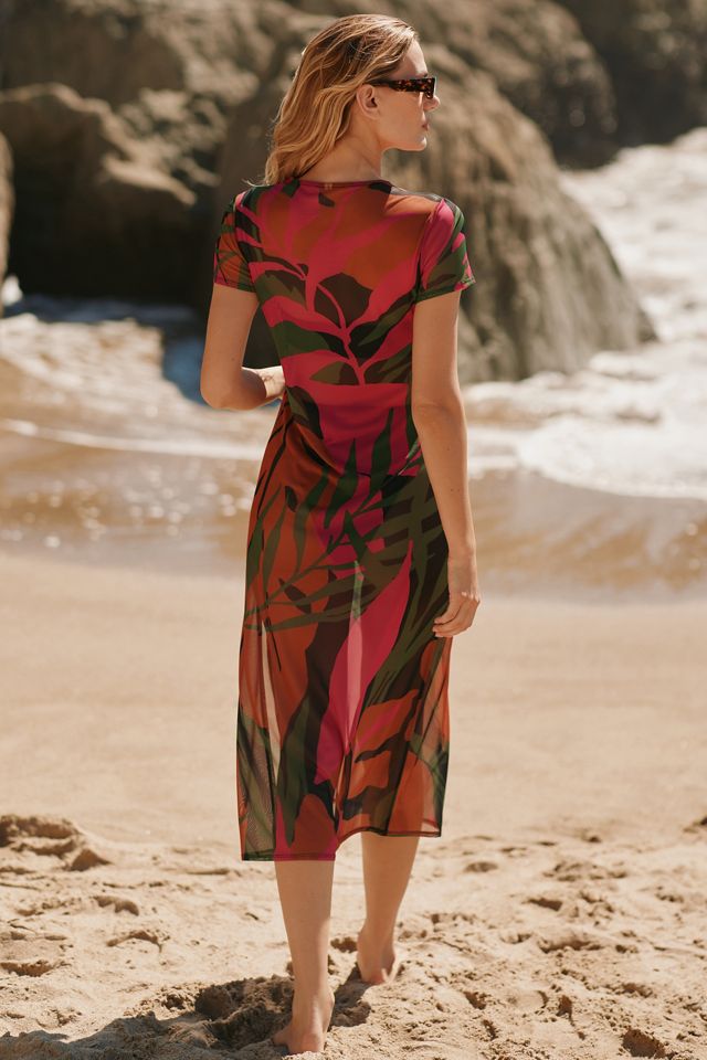 short sleeve mesh midi dress Multi Painterly Print Short Sleeve Mesh Midi Dress