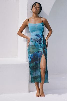 By Anthropologie Sleeveless Printed Mesh Midi Dress In Blue