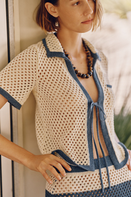 Celandine Boardwalk Short-sleeve Cardigan Sweater In Beige