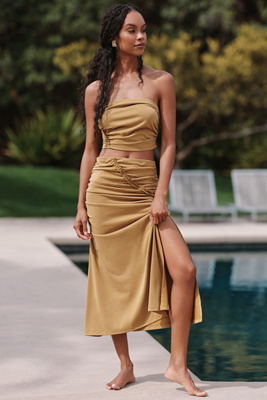 Shop Celandine The Gabbie Ruched Midi Skirt By  In Gold