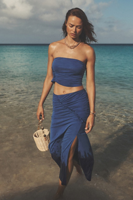 Shop Celandine The Gabbie Ruched Midi Skirt By  In Blue