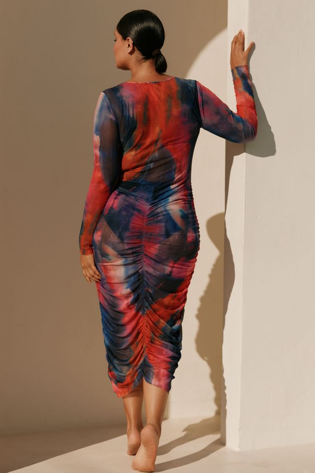 Celandine Long-Sleeve Ruched Mesh Midi Dress #4