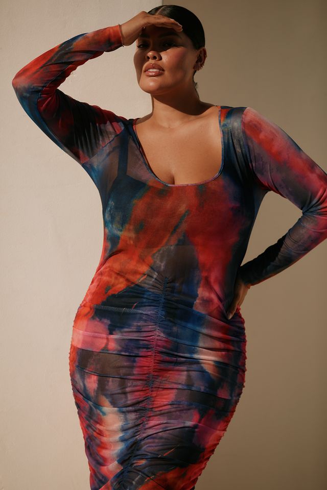 Celandine Long-Sleeve Ruched Mesh Midi Dress #5