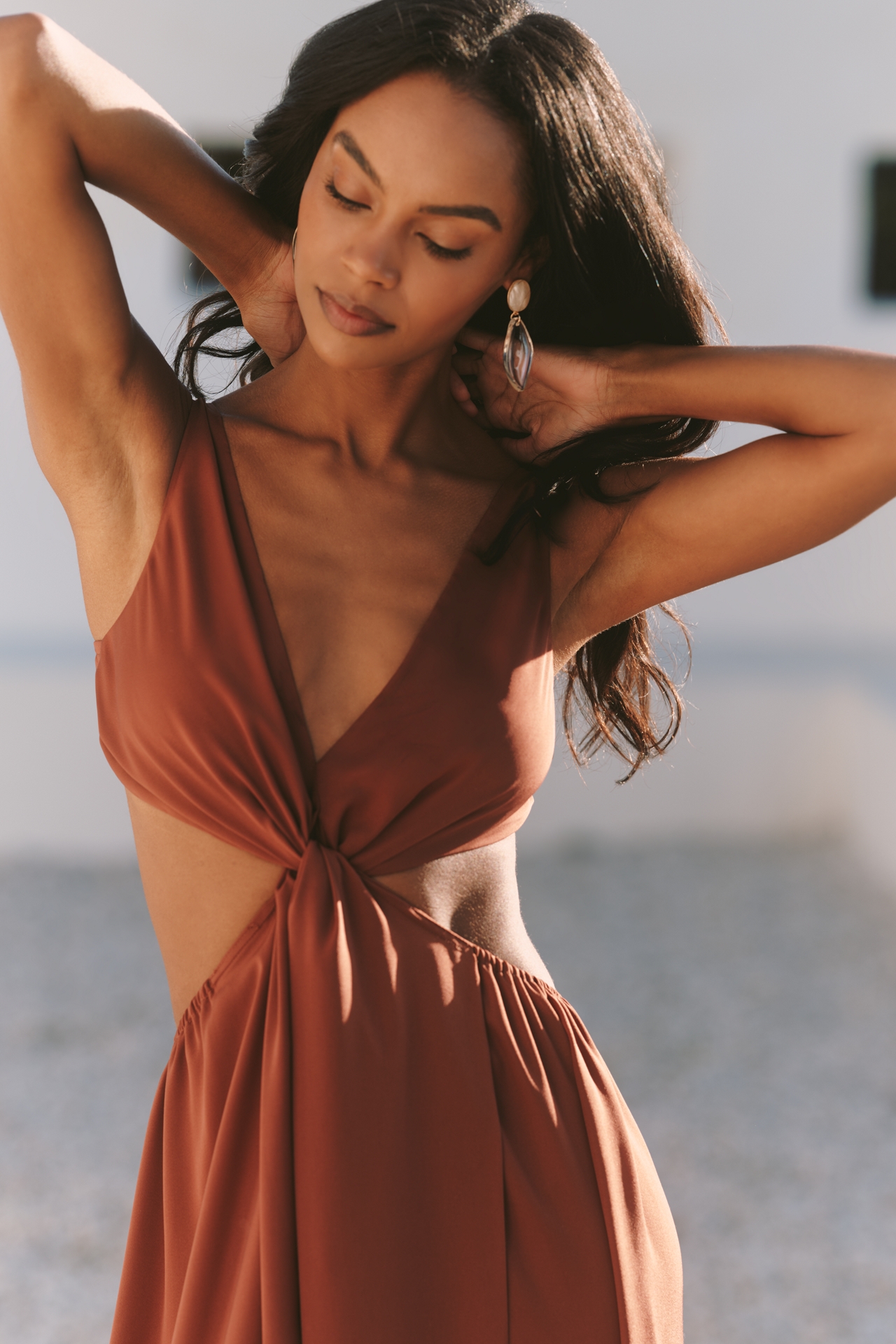 Celandine V-Neck Twist-Front Satin Midi Dress