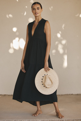 By Anthropologie Sleeveless Tiered Gauze Maxi Dress In Black