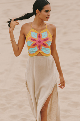 Celandine Linen-blend Embellished Flower Maxi Dress In Multi