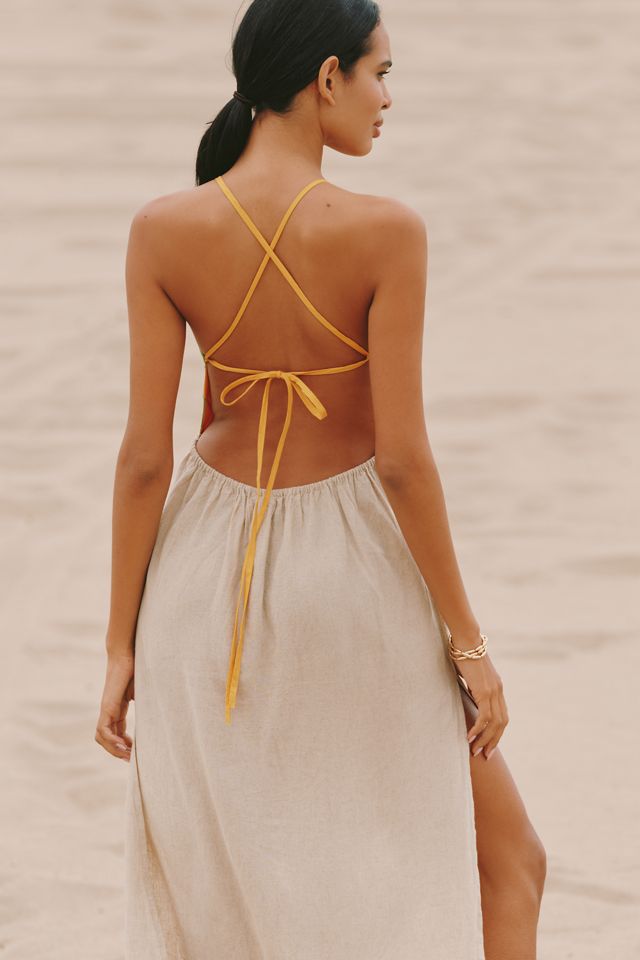 Celandine Linen Blend Embellished Flower Maxi Dress #1