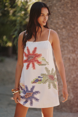 Celandine Beaded Mini Shift Dress In White