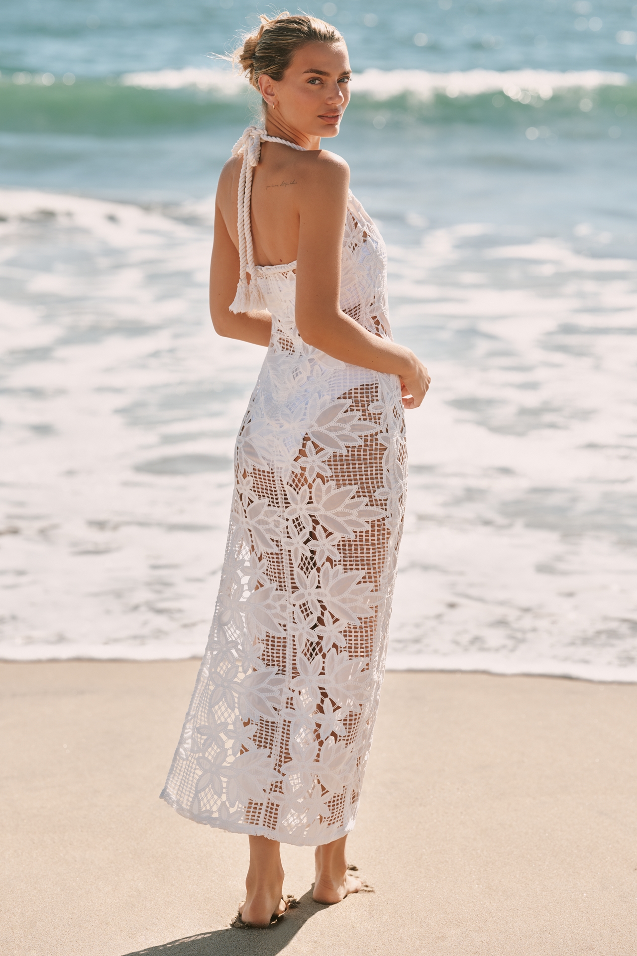BLITHE Sheer Cutout Lace Maxi Dress
