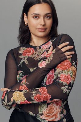 By Anthropologie Long-Sleeve Embroidered Mesh Top