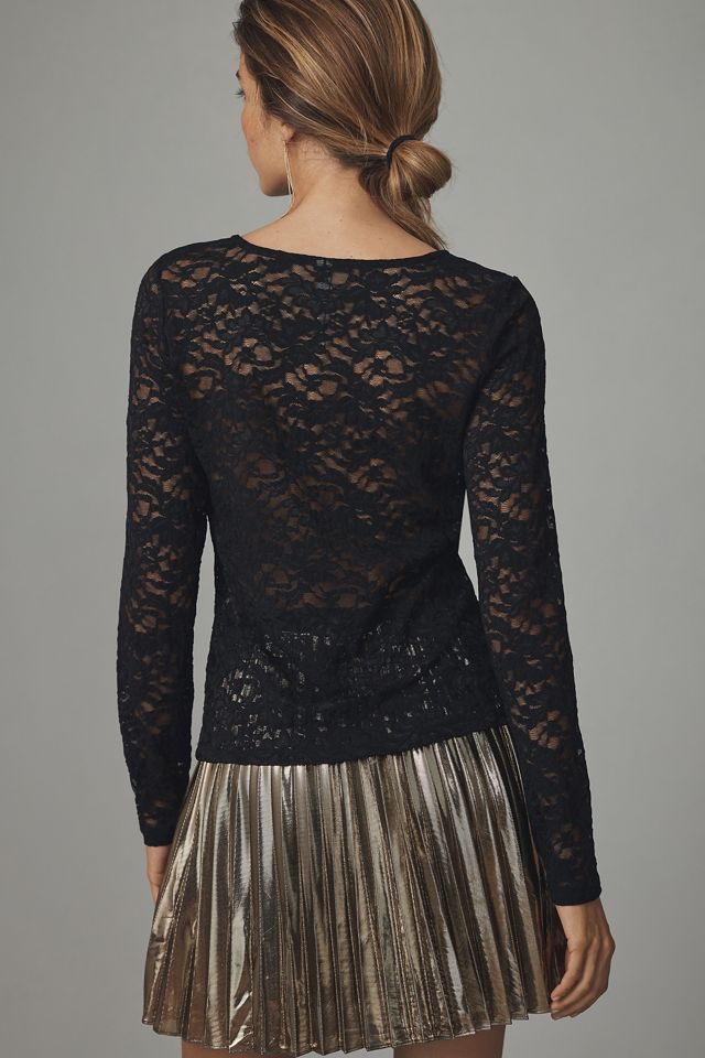 Gialousa Black Mesh Lace Long Sleeve Top