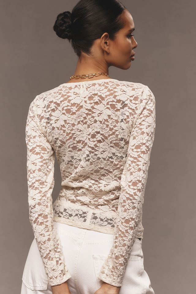 By Anthropologie Long-Sleeve Lace Crew-Neck Top