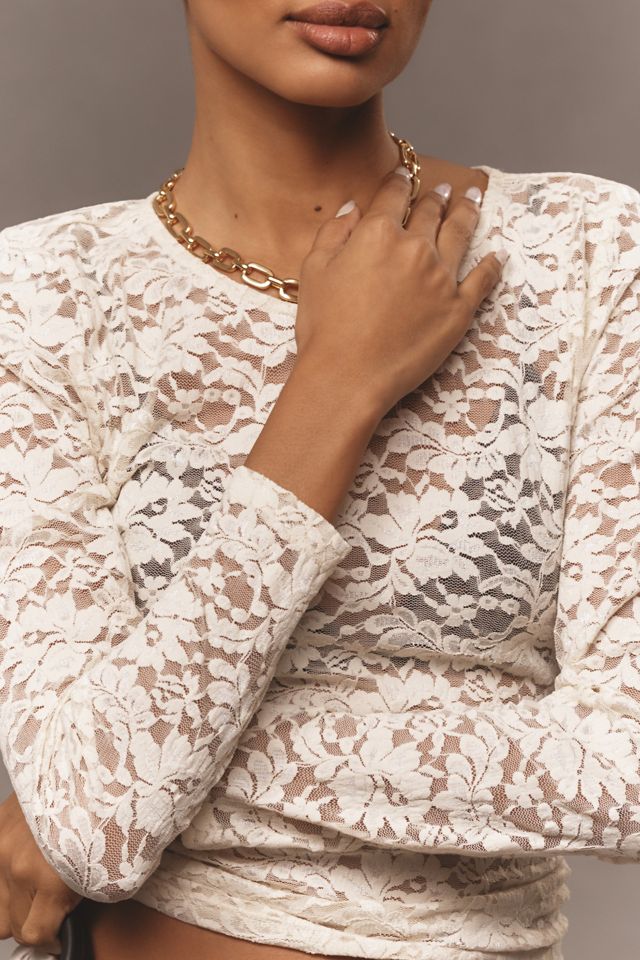 By Anthropologie Long-Sleeve Lace Crew-Neck Top