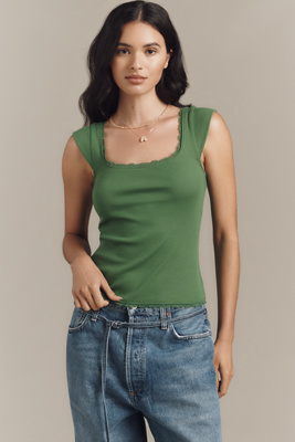 Maeve Lace-trim Cap-sleeve Shirt Top In Green
