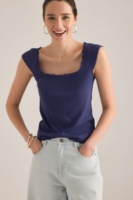 Maeve Lace-trim Cap-sleeve Top In Blue