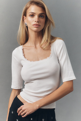 Lace-Trimmed Three-Quarter Sleeve Top