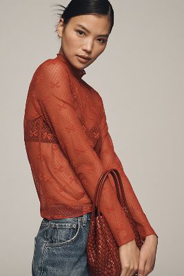 Shop Maeve Bow Lace Turtleneck Top In Red