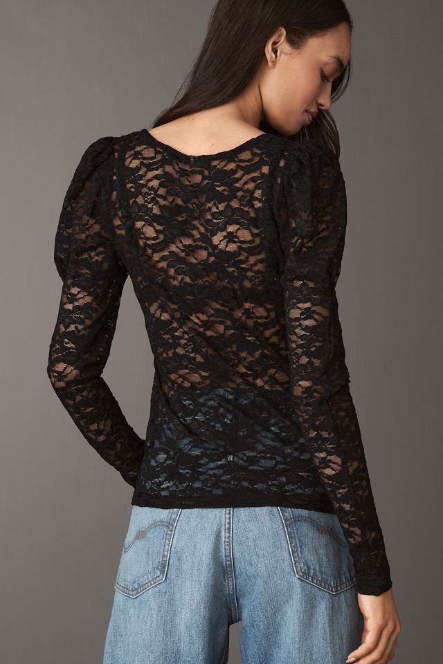 By Anthropologie Puff-Sleeve Sheer Lace Top #1