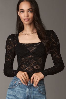 By Anthropologie Puff-Sleeve Sheer Lace Top