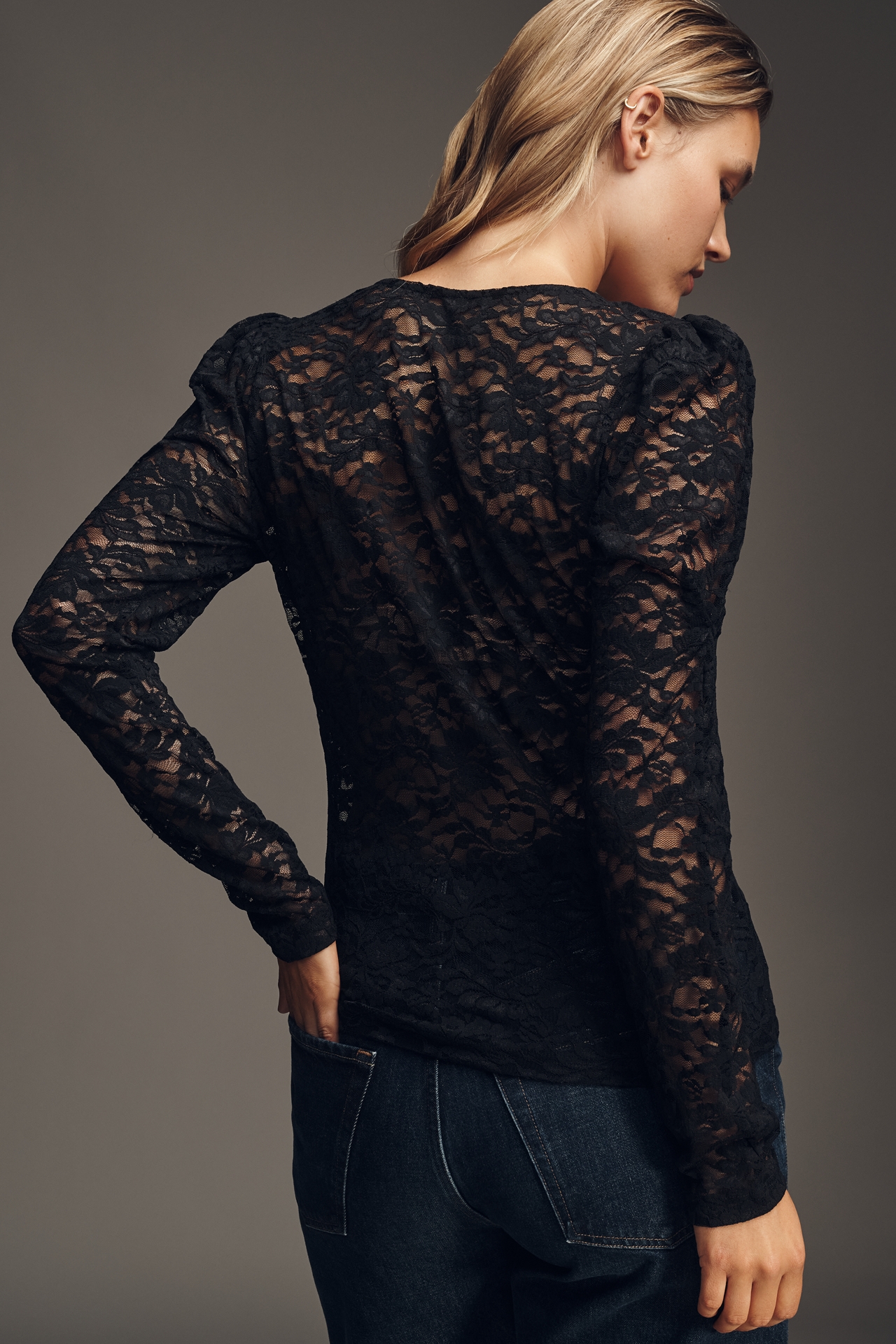 By Anthropologie Puff-Sleeve Sheer Lace Top