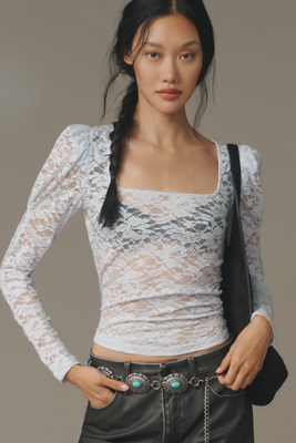 By Anthropologie Puff-sleeve Sheer Lace Top In Multi