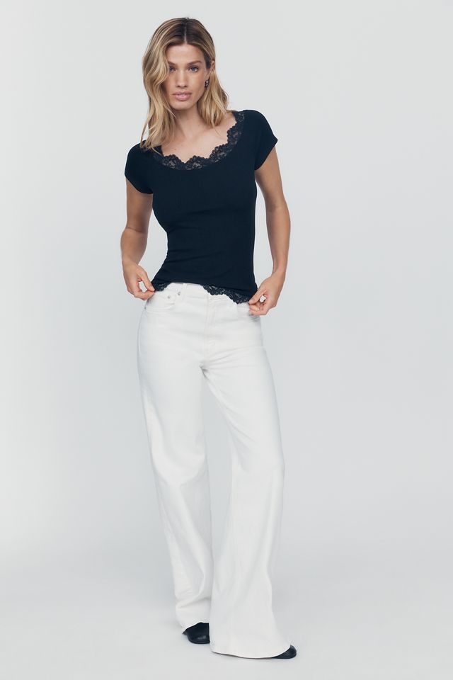 Maeve 100% Cotton Lace-Trim Ribbed Tee #1