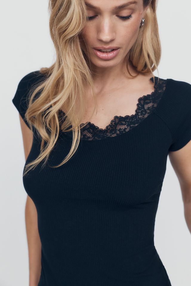 Maeve 100% Cotton Lace-Trim Ribbed Tee #2