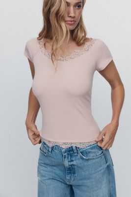 Maeve 100% Cotton Lace-Trim Ribbed Tee