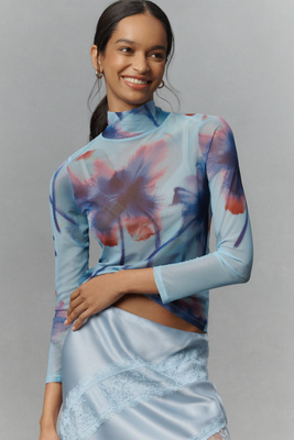 By Anthropologie Mesh Turtleneck Top In Blue