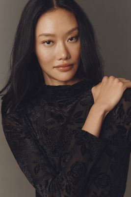 By Anthropologie Flocked Mock-Neck Long-Sleeve Top