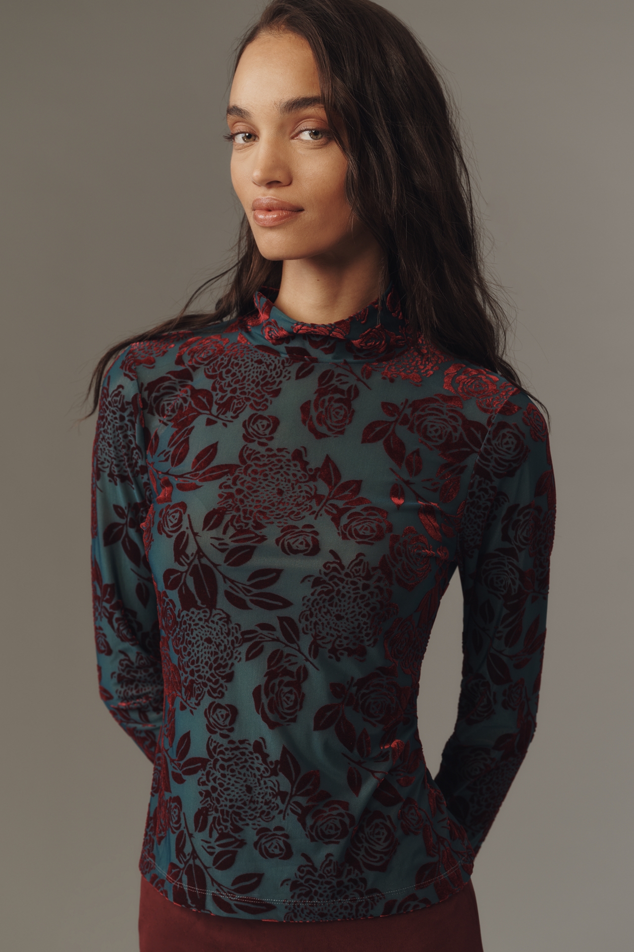 By Anthropologie Flocked Mock-Neck Long-Sleeve Top