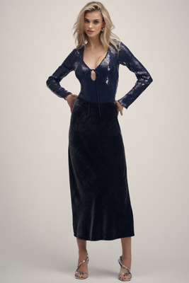 Bardot Verona Long-sleeve Sequin Bodysuit In Blue