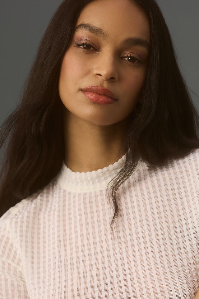 BAE Sheer Mesh Yoke Mock Neck Top