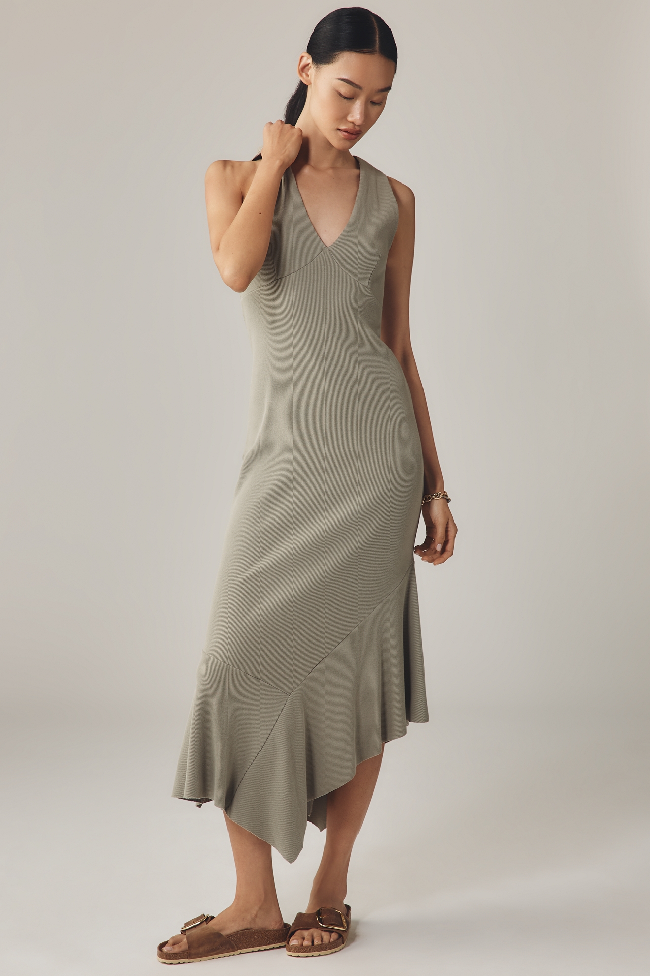 Nation Los Angeles Camel Sleeveless V-Neck Midi Dress