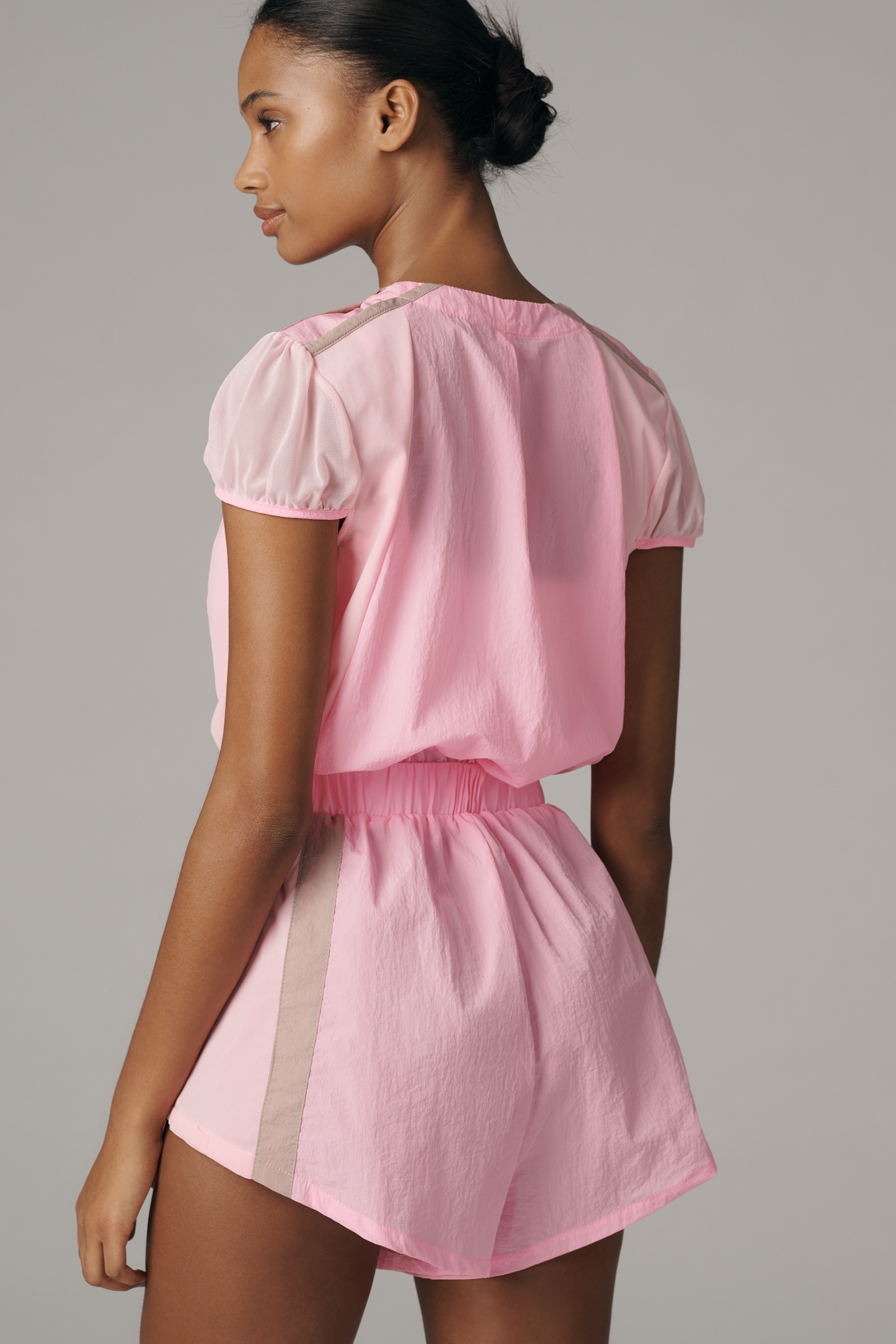 Daily Practice Puff-Sleeve Front-Zip Romper