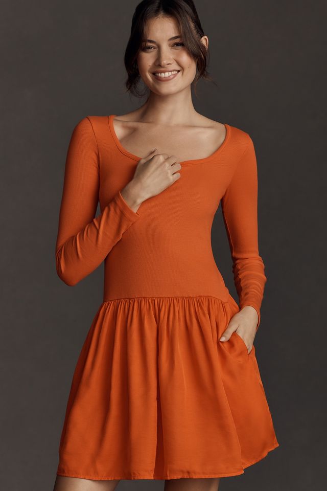 Sundry Long-Sleeve Mixed Media Mini Dress #1