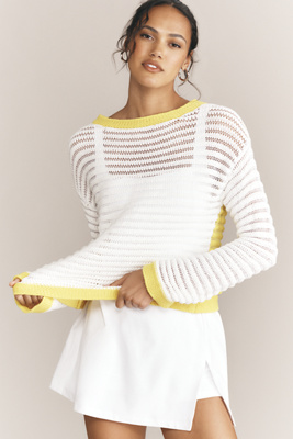 Sundry Open-knit Colorblock Sweater In White