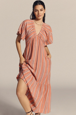 Sundry Striped Gauze V-neck Midi Dress