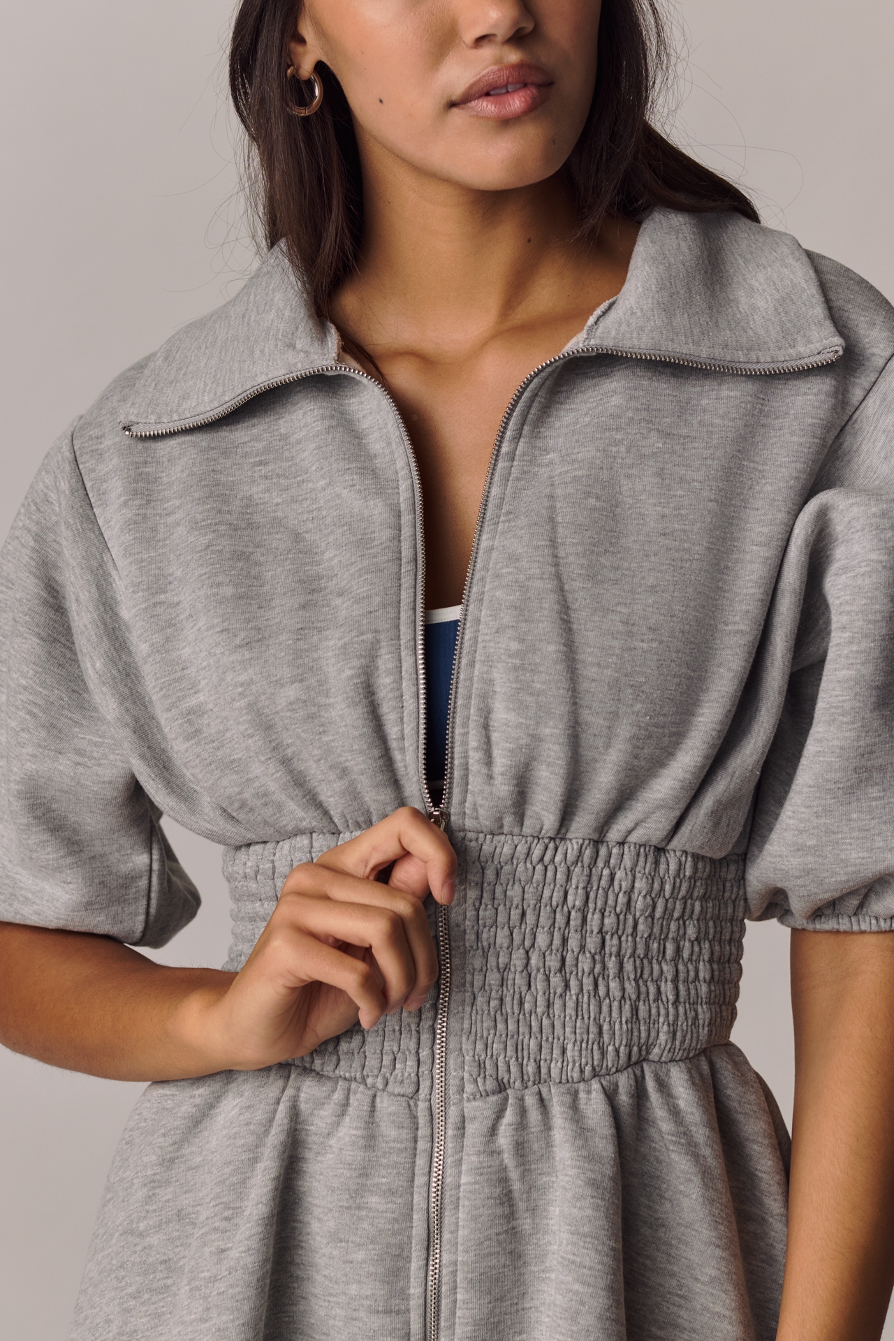 Daily Practice Puff-Sleeve Smocked-Waist Mini Dress