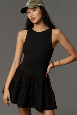 Daily Practice By Anthropologie Daily Practice Rib Tank Drop-waist Twofer Mini Dress In Black