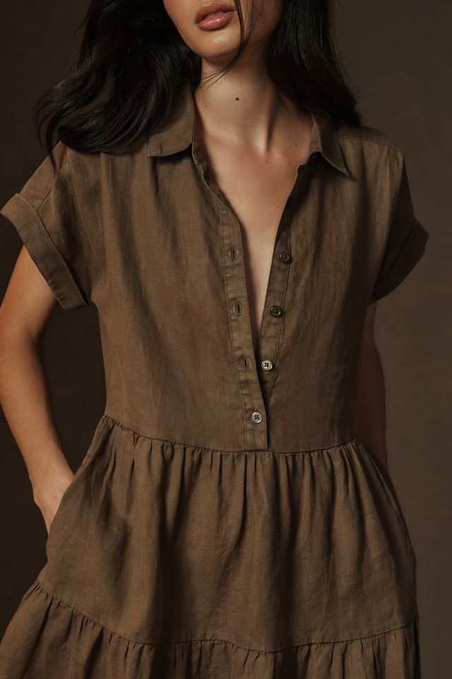 knee length dresses for ladies Linen Blend Tiered Mini Dress main image 1