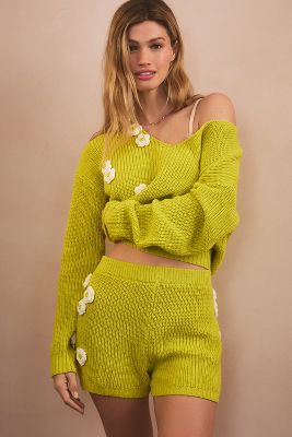 Shop Blue Tassel Crochet Flower Shorts In Green