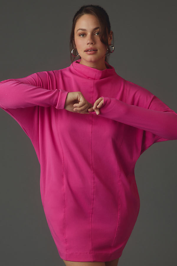By Anthropologie Long-sleeve Mock-neck Knit Mini Dress In Pink