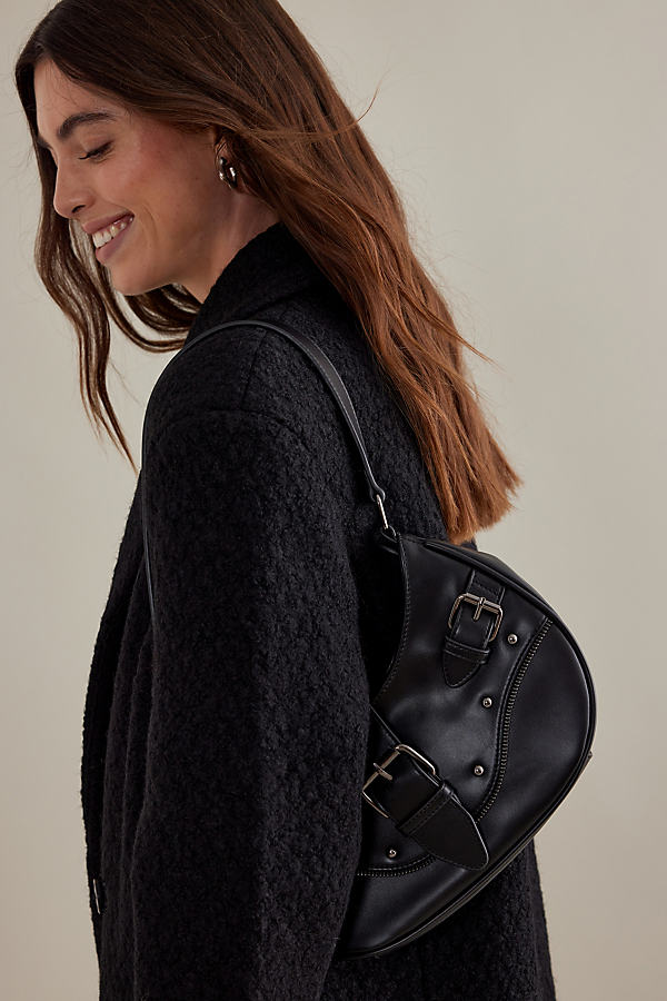Buckle Studded Faux-Leather Shoulder Bag