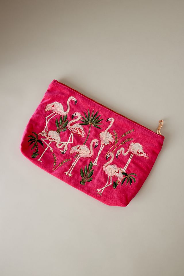 Elizabeth Scarlett Flamingo Embroidered Velvet Pouch